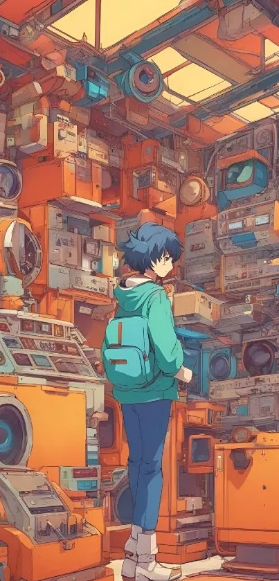 Anime character amidst retro electronics in vibrant colors.