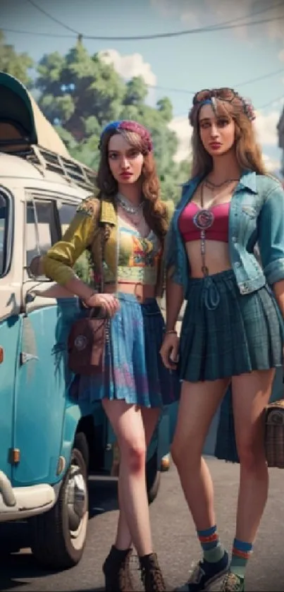 Two stylish women in retro outfits pose by a vintage VW van.