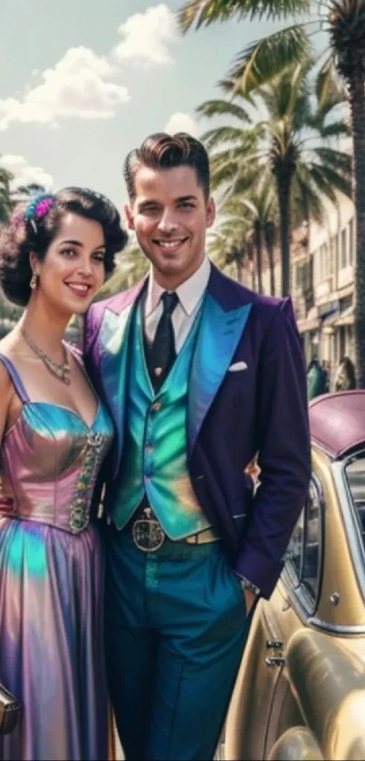 Retro couple in vibrant vintage attire with palm tree backdrop.