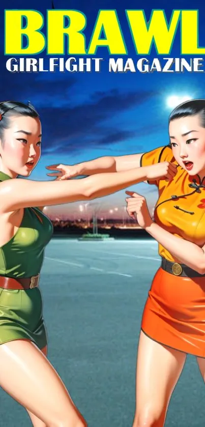 Retro magazine style artwork featuring two women in a fight.