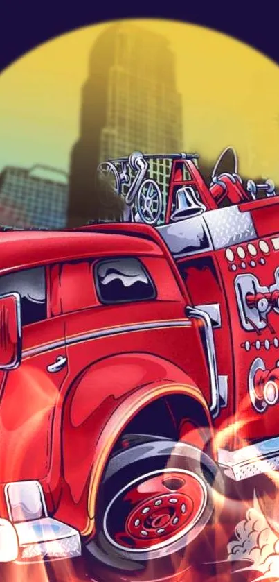 Vibrant retro fire truck with cityscape background.