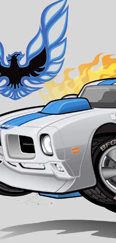 Cartoon retro Firebird with flaming wheels on light gray background.