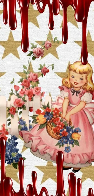 Retro doll in pink dress with flowers and stars wallpaper.