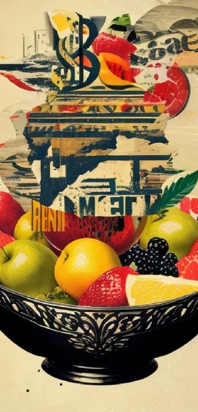 Vibrant retro fruit bowl art wallpaper for phones.