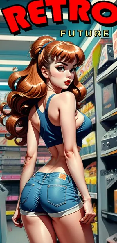 Retro future pin-up girl in a colorful store setting.