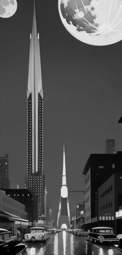 Retro futuristic cityscape with tall spires and twin moons in black and white art.