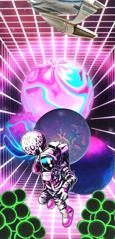 Vibrant astronaut in neon cosmic setting mobile wallpaper.