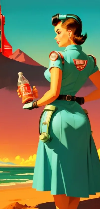 Retro futuristic beach scene with woman holding soda.