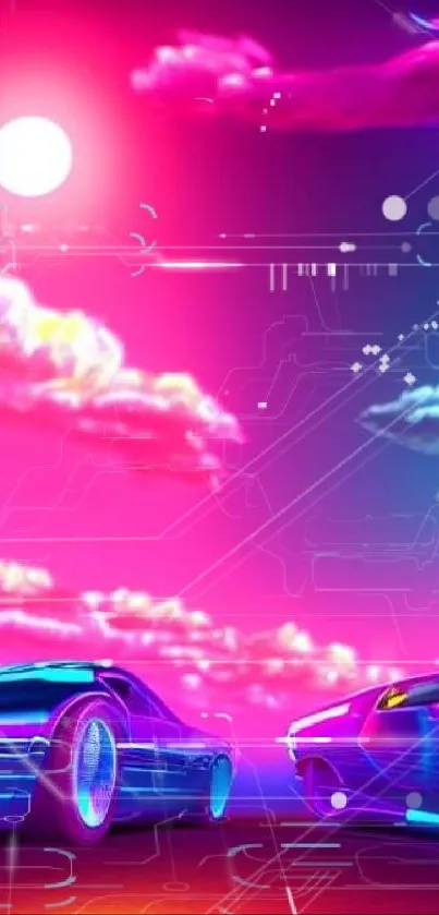 Retro futuristic car wallpaper with neon lights and clouds, creating a vibrant aesthetic.