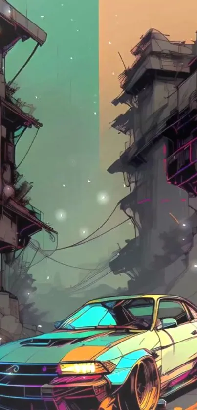 Retro futuristic car in cyberpunk city scene with neon lights and urban ruins.