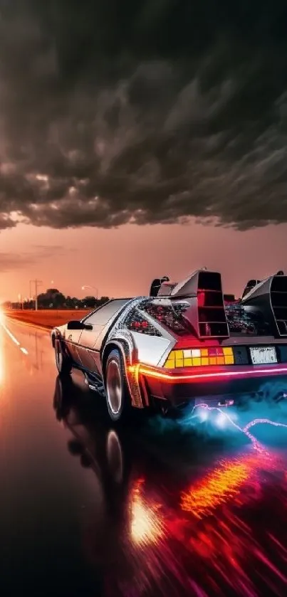 Retro futuristic car on a sunset-lit road over a reflective surface.