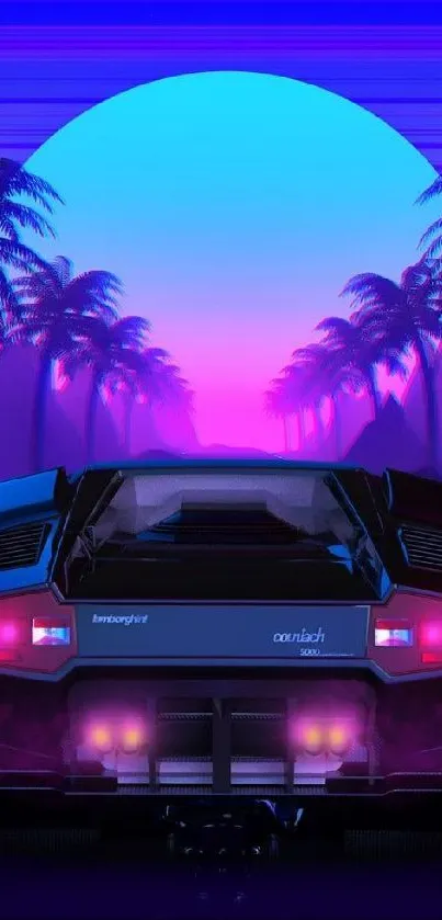 Retro car on a neon-lit road, framed by palm trees and mountains, under a vibrant sky.