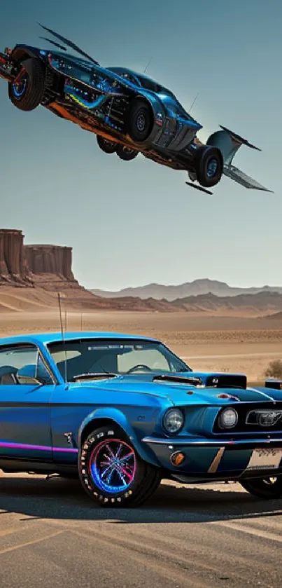 Blue vintage car and futuristic vehicle flying over desert.