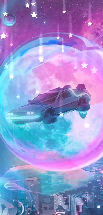 Retro futuristic car floating in a glowing bubble against a cosmic cityscape.