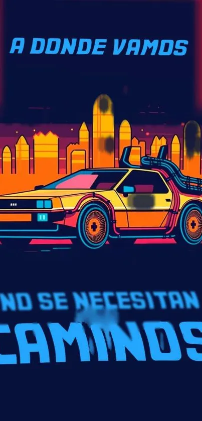 Retro futuristic wallpaper featuring a neon-lit car and city skyline.