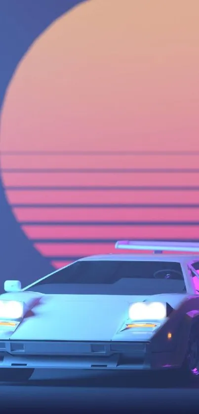 Retro futuristic car against a neon sunset, perfect for mobile wallpaper.