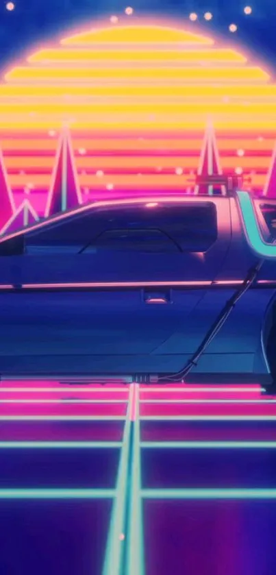 Vibrant retro futuristic car with neon colors and digital art aesthetics.