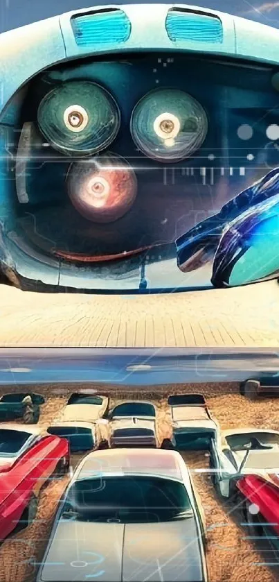 Futuristic retro car scene with robotic touch.