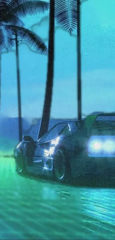 Retro futuristic car driving on neon road with palm trees.