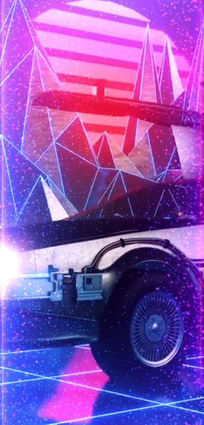 Retro futuristic car with neon lights and digital landscape background.