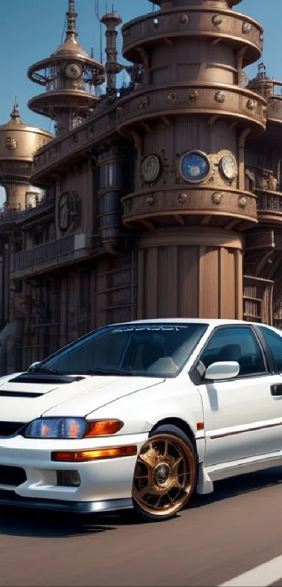 White retro car in front of a steampunk building under a blue sky.