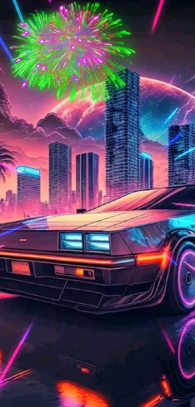 Futuristic car with neon cityscape and vivid magenta hues.