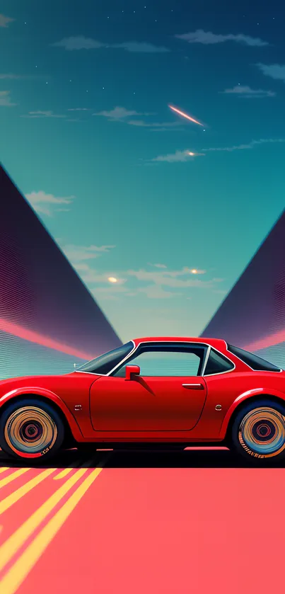 Retro futuristic red car under a dreamy blue sky.