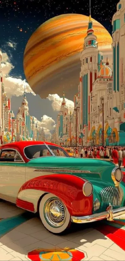 Retro futuristic cityscape with classic car and planet.