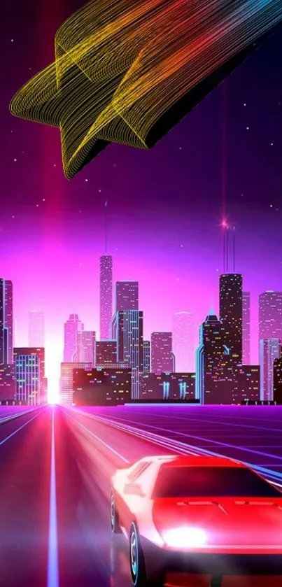 Retro futuristic cityscape with neon lights and a sleek car.