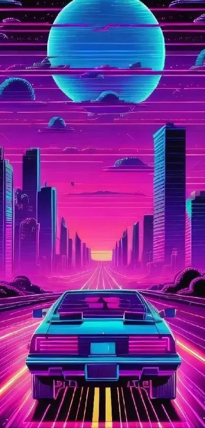 Retro futuristic cityscape with neon lights and a car under a blue planet.