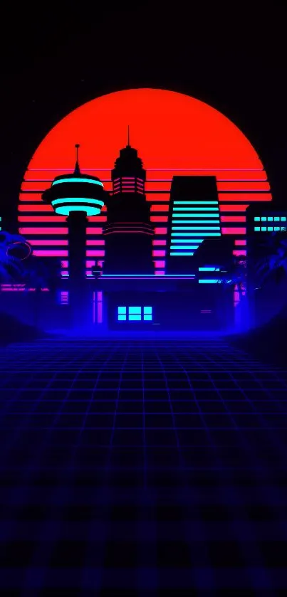 Vibrant retro futuristic wallpaper with neon city and bright red sunset.