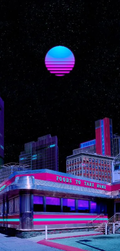 Vibrant retro futuristic cityscape at night.