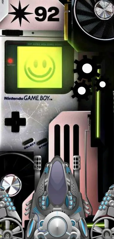 Retro futuristic wallpaper featuring a classic game device with digital elements.