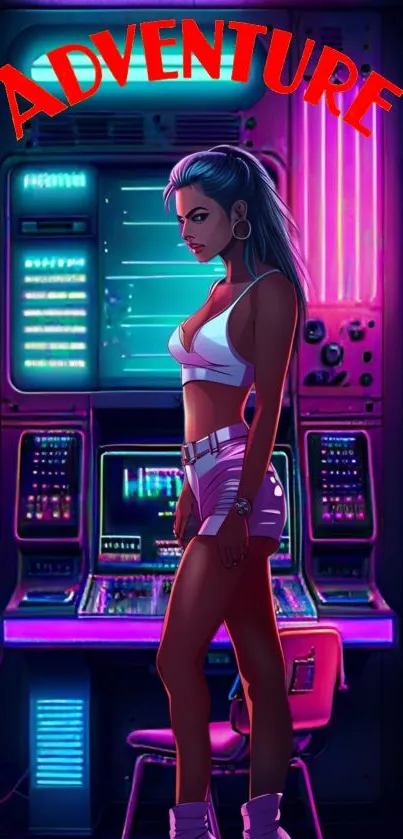 Retro futuristic wallpaper with stylish girl in a neon-lit adventure setting.