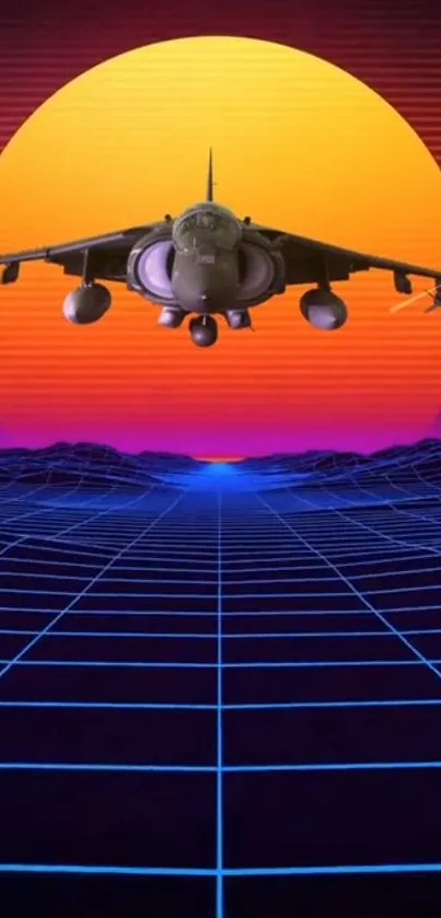 Retro futuristic jet over neon grid with sunset.