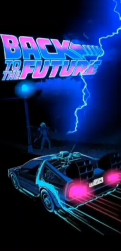 Retro futuristic movie poster with neon blue car and lightning.