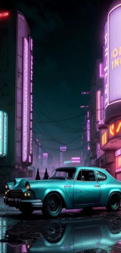 Retro car with neon city background, vibrant and futuristic.