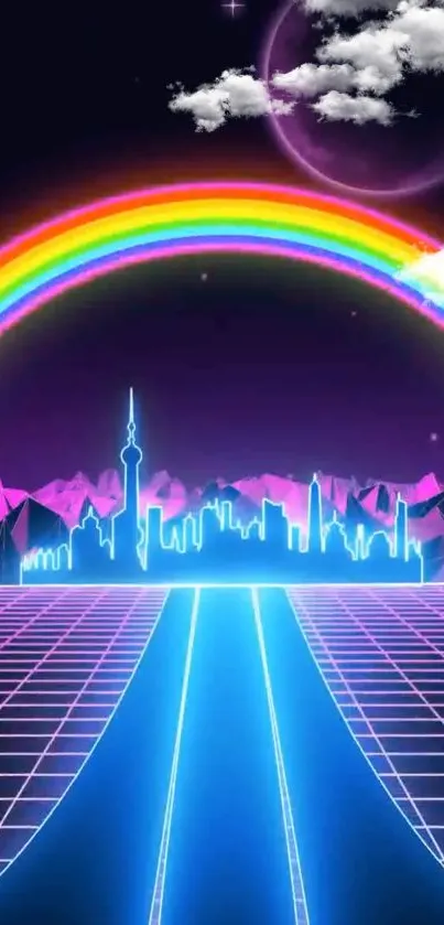 Retro futuristic neon city wallpaper with rainbow and digital grid.