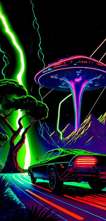 Retro futuristic neon landscape with car and spaceship in vibrant colors.