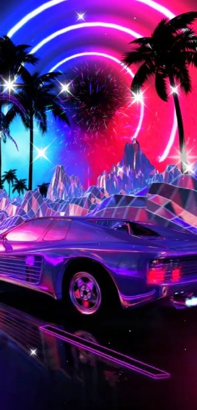 Retro futuristic car under neon lights and palm trees.