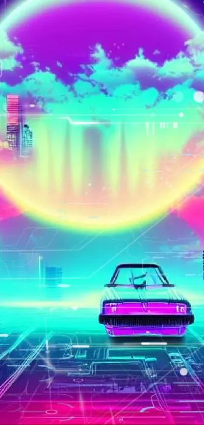 Neon retro futuristic skyline with cityscape and glowing colors.