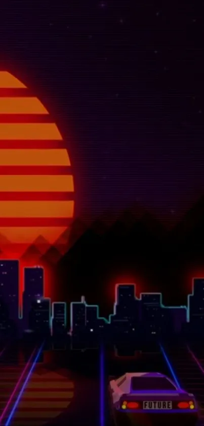 Retro futuristic cityscape with neon lights and setting sun.