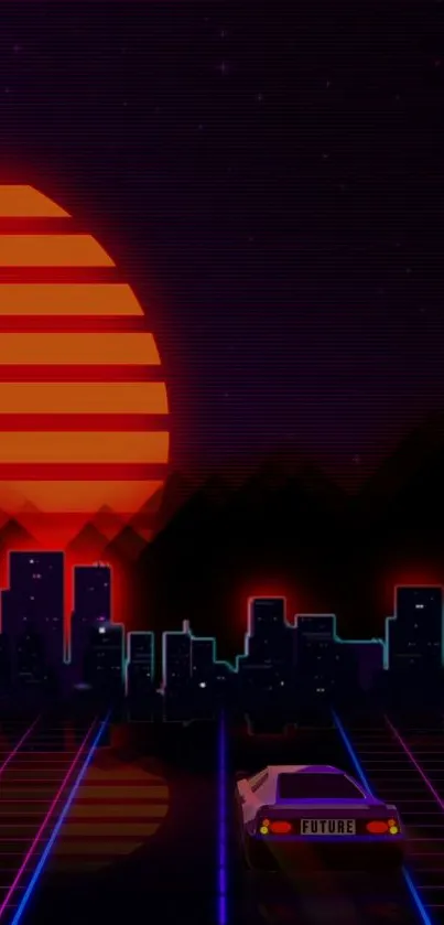 Retro futuristic wallpaper with neon skyline and sunset.