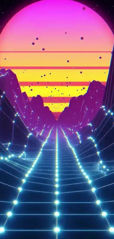 Retro futuristic wallpaper with neon sunset and grid pathway.