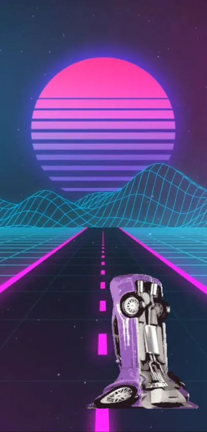 Retro futuristic neon wallpaper with purple car and pink sunset.