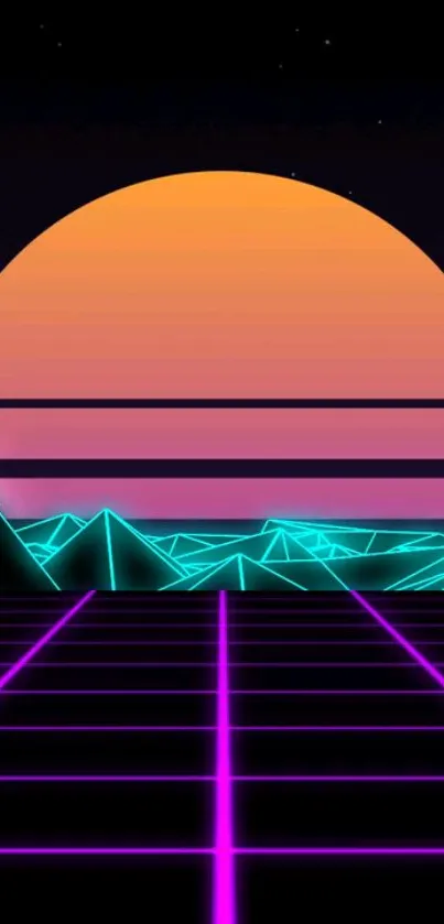 Retro neon futuristic wallpaper with sunset and grid design.