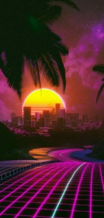 Retro futuristic neon sunset with palm trees and city skyline.