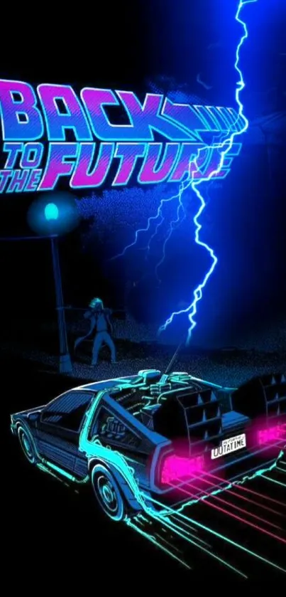 Vibrant neon wallpaper with a DeLorean and striking lightning effects.