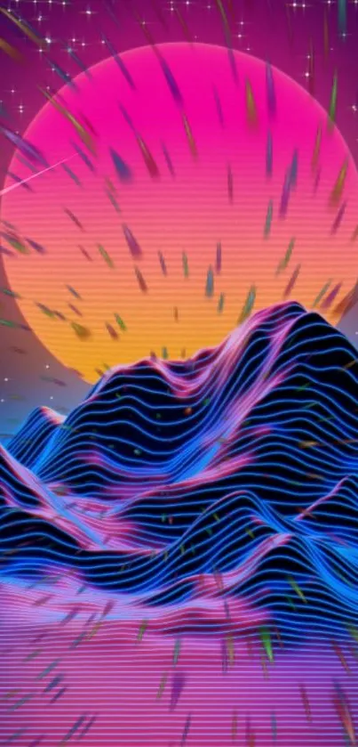 Retro futuristic neon mountains with vibrant colors.