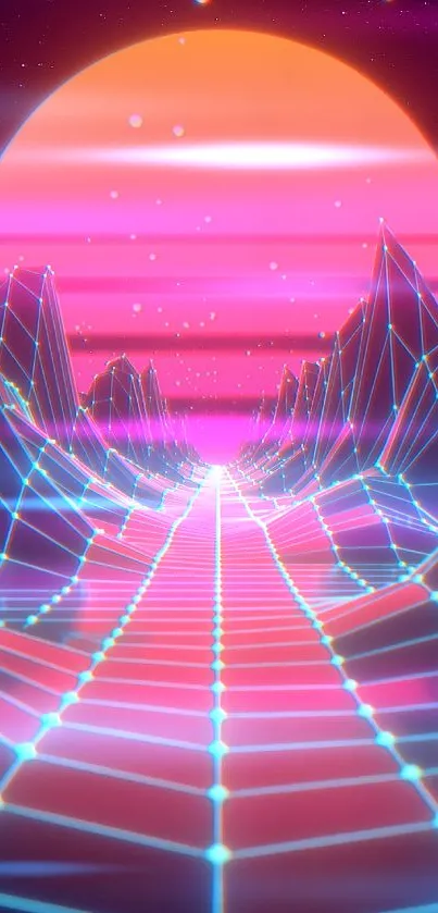 Retro futuristic neon landscape with geometric lines and vibrant colors.
